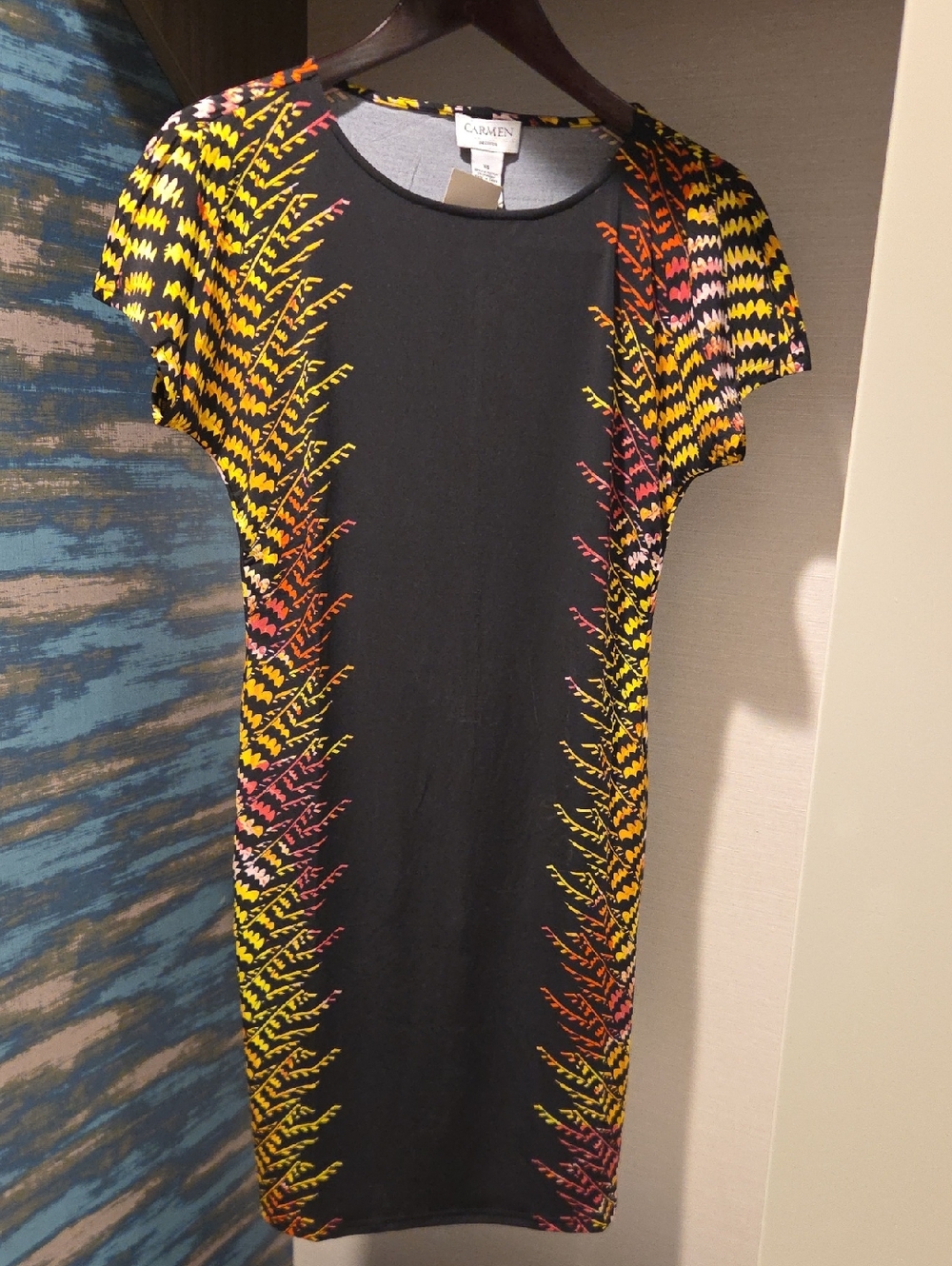 Carmen Marc Valvo Black Midi Sheath Dress with Yellow, Pink & Orange Accents